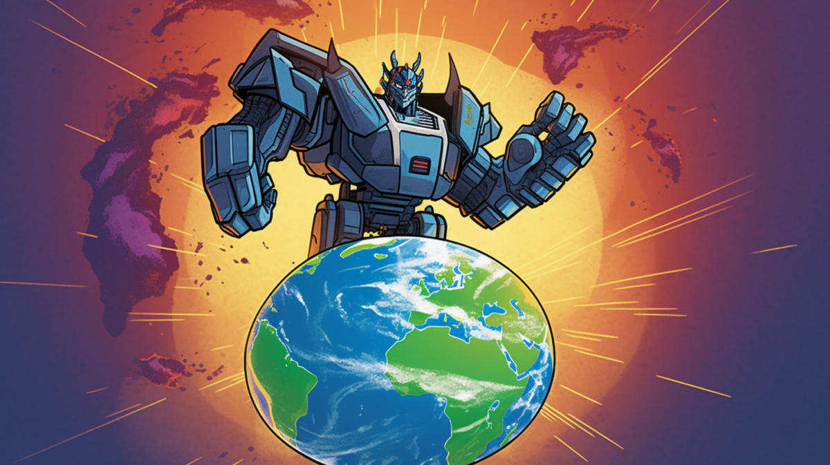 A transformer robot, a globe is in front of him, comic look, AI image generated with Midjourney