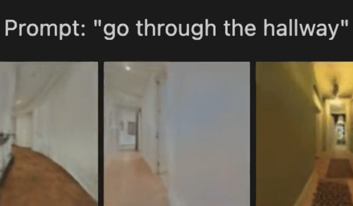A text prompt "Go through the hallway", to go with it you see three 3D scenes of AI-generated hallways