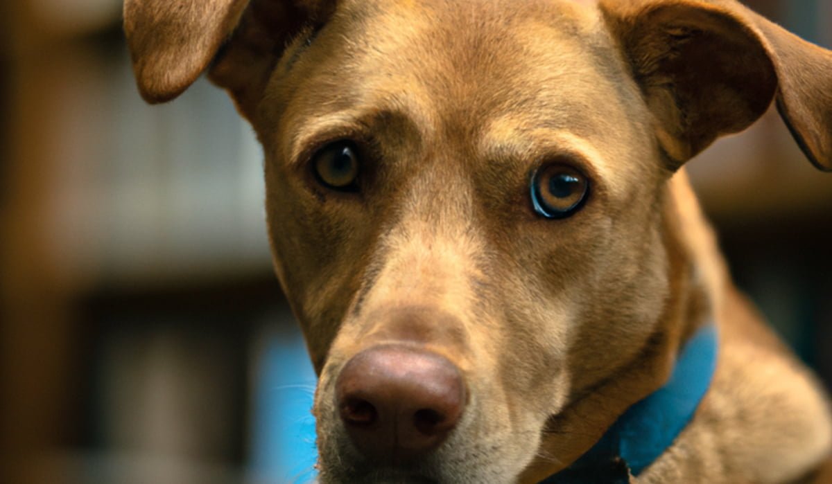 A brown dog looks into the camera. The image looks like a photo. but was generated by an AI.