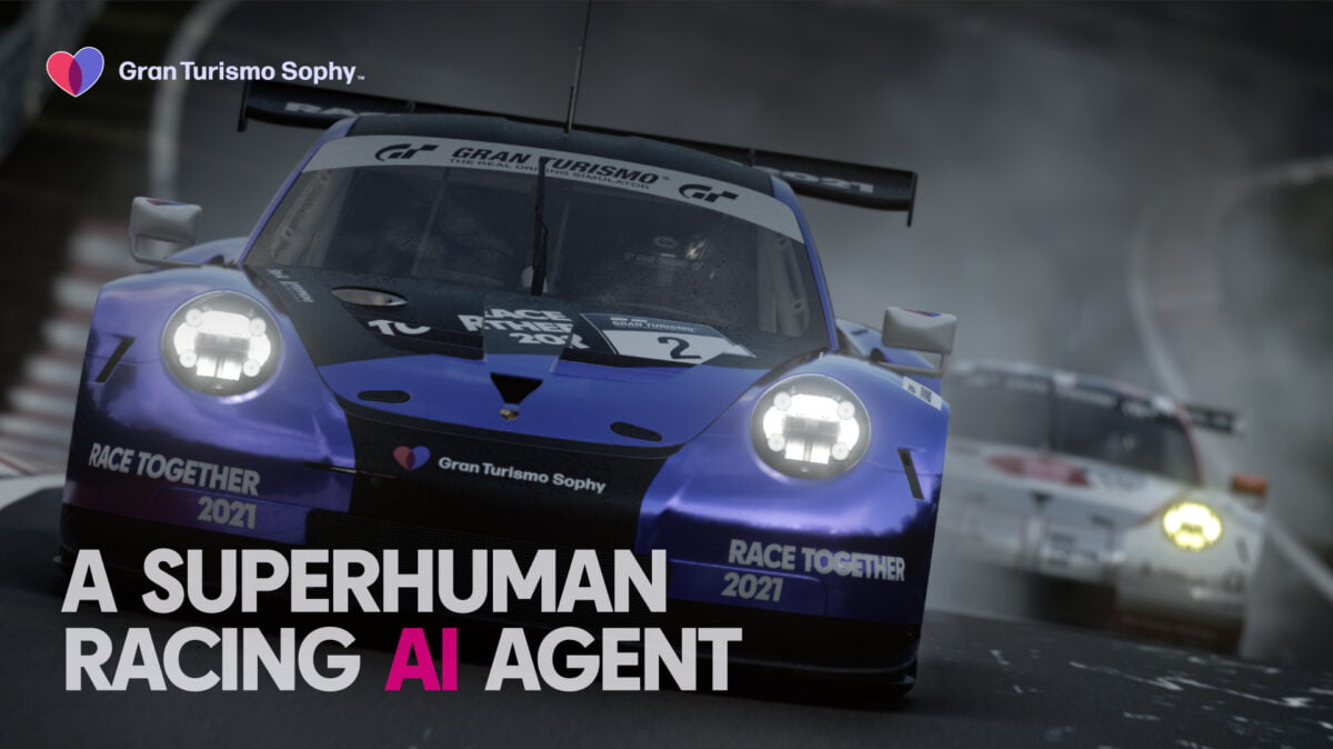 A digital racing car on a race track, you can see it from the front. The picture says "A Superhuman Racing AI Agent".