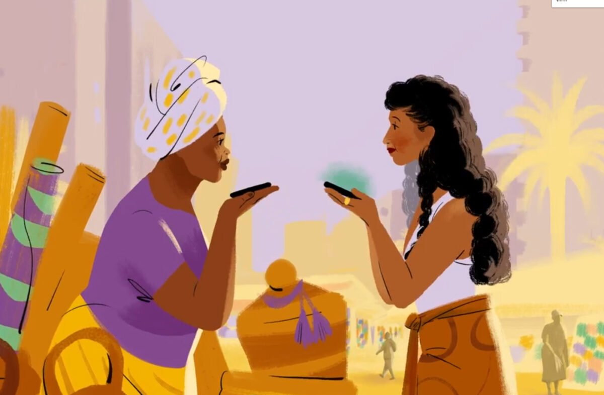 Two women from different cultures converse by speaking into a smartphone that translates in real time.