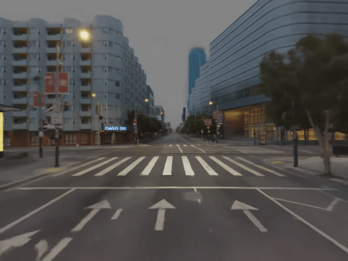 A 3D image of a real street calculated by an AI. It looks realistic, even if details are missing.