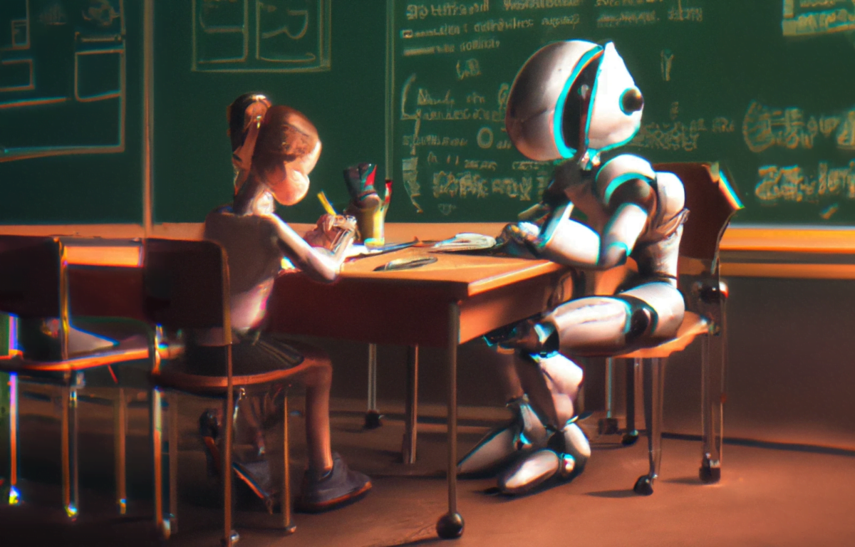 A girl and a robot sitting together in a classroom doing homework, illustration.