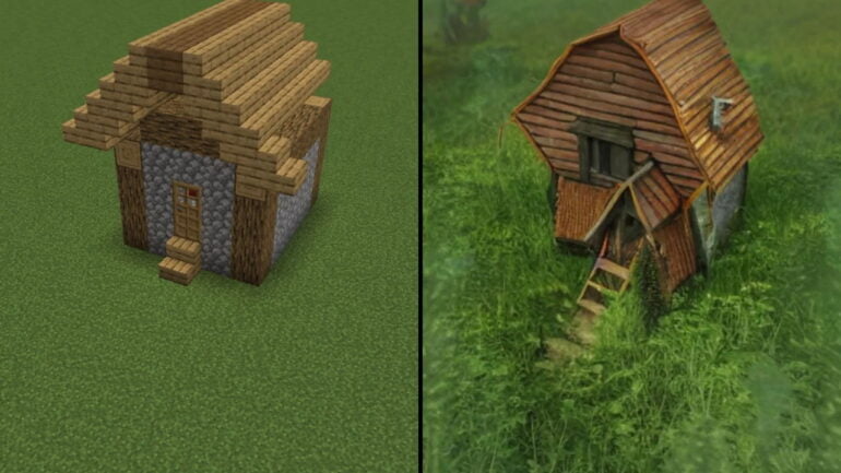 A minecraft house on the left side, on the righ side is an AI generated image of that house. It looks quite similar.