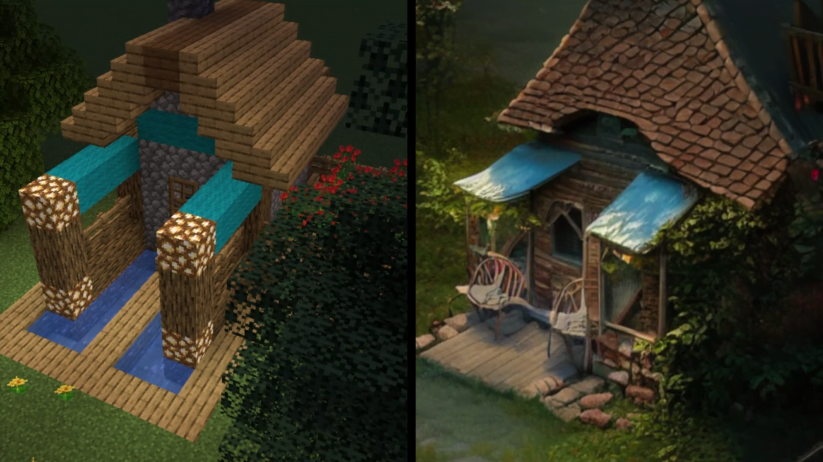A minecraft house on the left side, on the righ side is an AI generated image of that house. It looks quite similar.