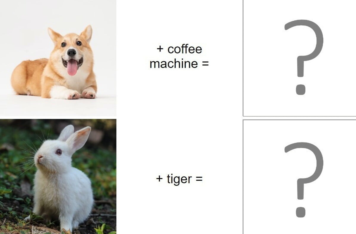 A corgi and a coffee maker becomes a coffee maker in corgi colors and shape. A rabbit combined with a rabbit becomes a tiger rabbit.
