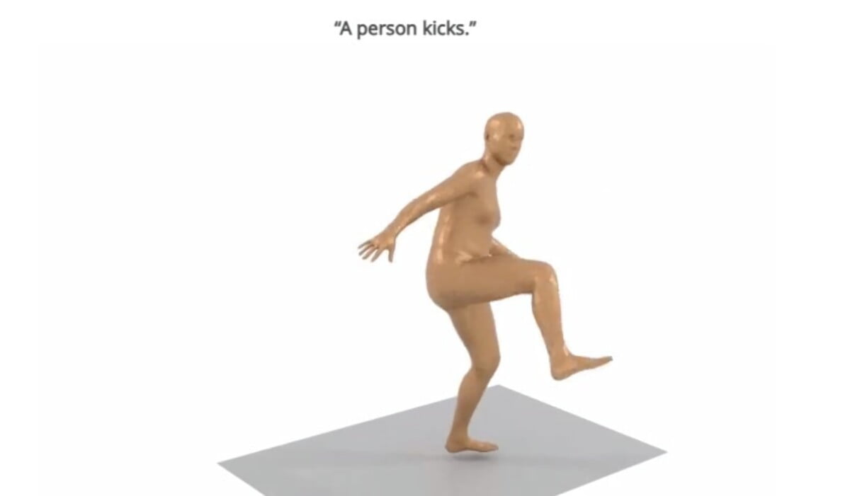 A computer animated character performs a kick based on the text description "A person kicks".