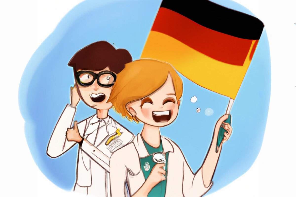 An AI researcher and a female AI researcher as a comic in white coats, the researcher waving a Germany flag.