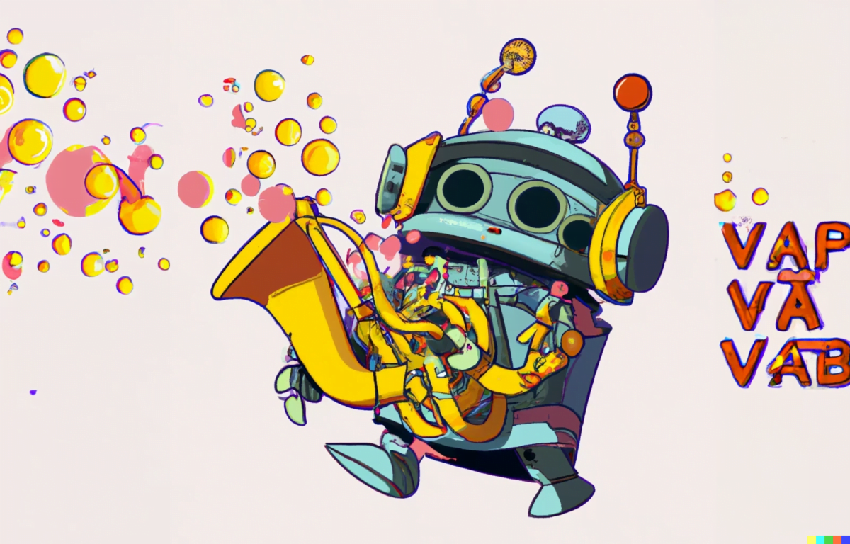 A cheerful-looking robot plays a tuba from which soap bubbles rise.