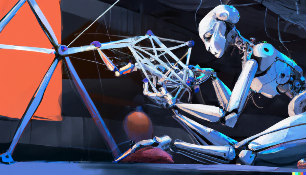 A robot weaves a mechanical web