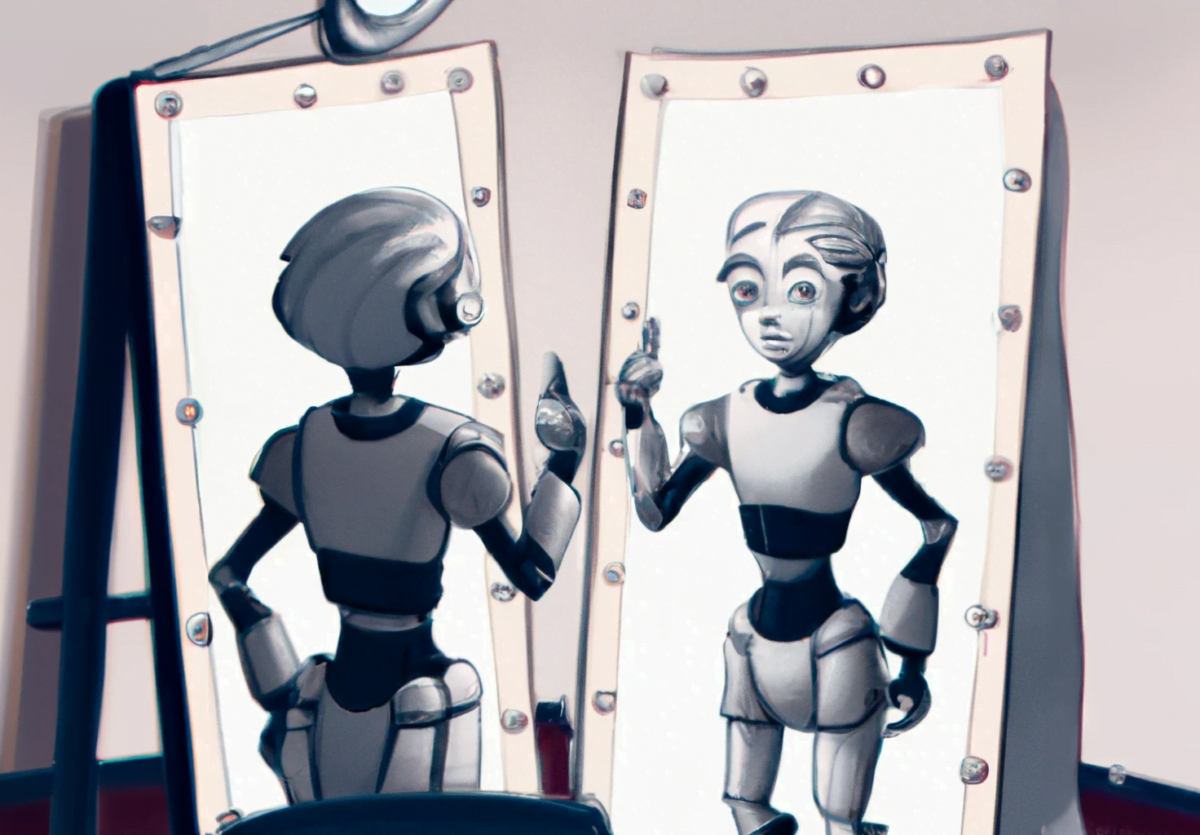 A robot standin front of a mirror waving to himself.