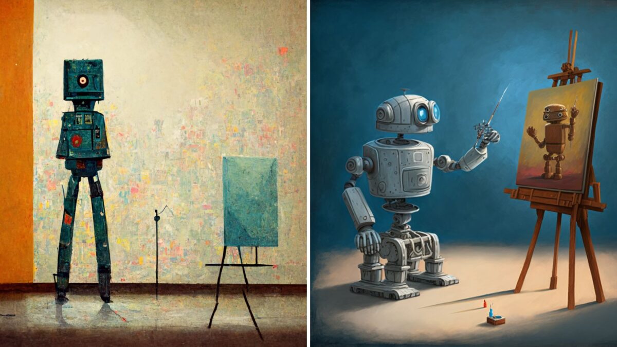 A drawing of a robot painting on a canvas. The left image is poor in detail and abstract, the right image shows a detailed, successful motif. On the left is Midjourney V3, on the right is Midjourney V4.