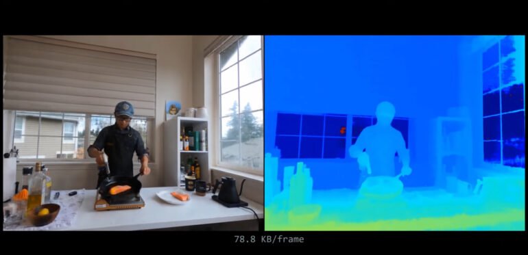 Sol ve sağ olmak üzere iki sahneye bölünmüş bir resim.  Solda, ocakta işini yapan bir aşçı var.  Sağda aynı sahneleri mavinin farklı tonlarında görebilirsiniz, bu da nerfin görüntü analizini temsil ediyor.