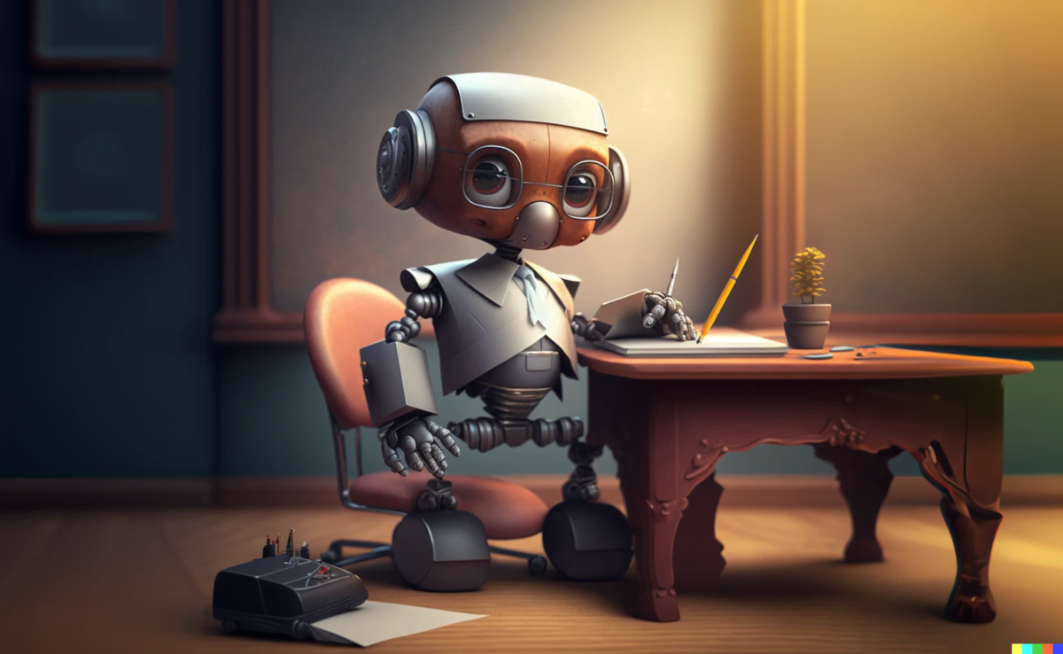 A cute robot that looks like a diplomat at a small diploamt desk
