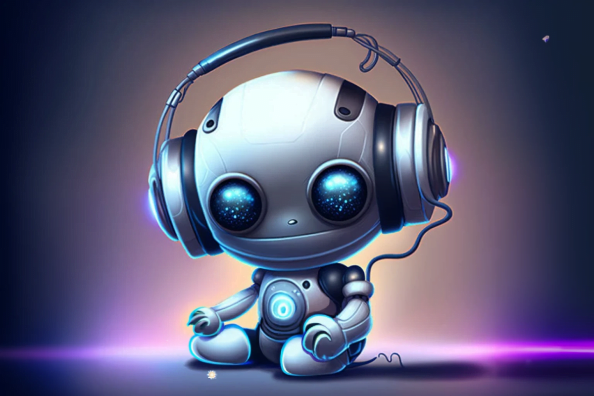 A small robot sits on the floor and listens to music with headphones.