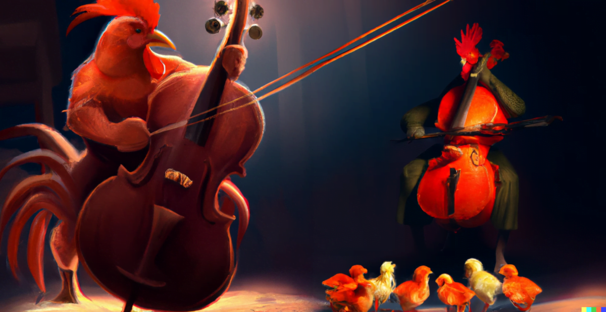A rooster plays a cello while being watched by chicks, digital art