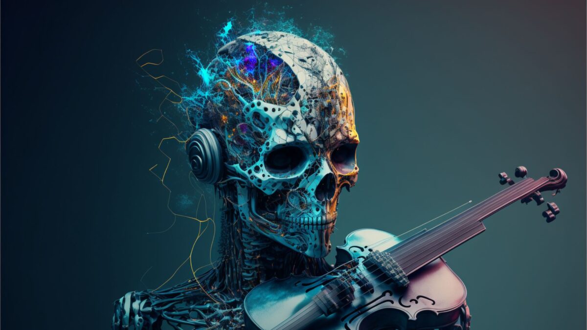 A robotic skull with a neural net half seen in the brain and a violin on the shoulder.