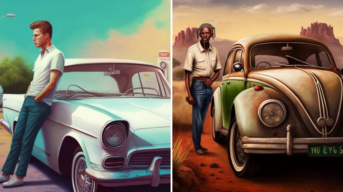A white male leaning on a nice car, a black guy standing next to an old, broken car. Image generated with AI.