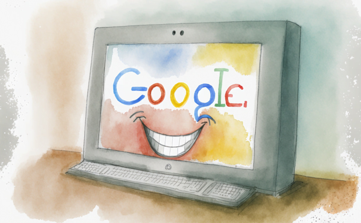 A Google search screen on a monitor smiling like a happy mouth, drawn in water and pastel shades