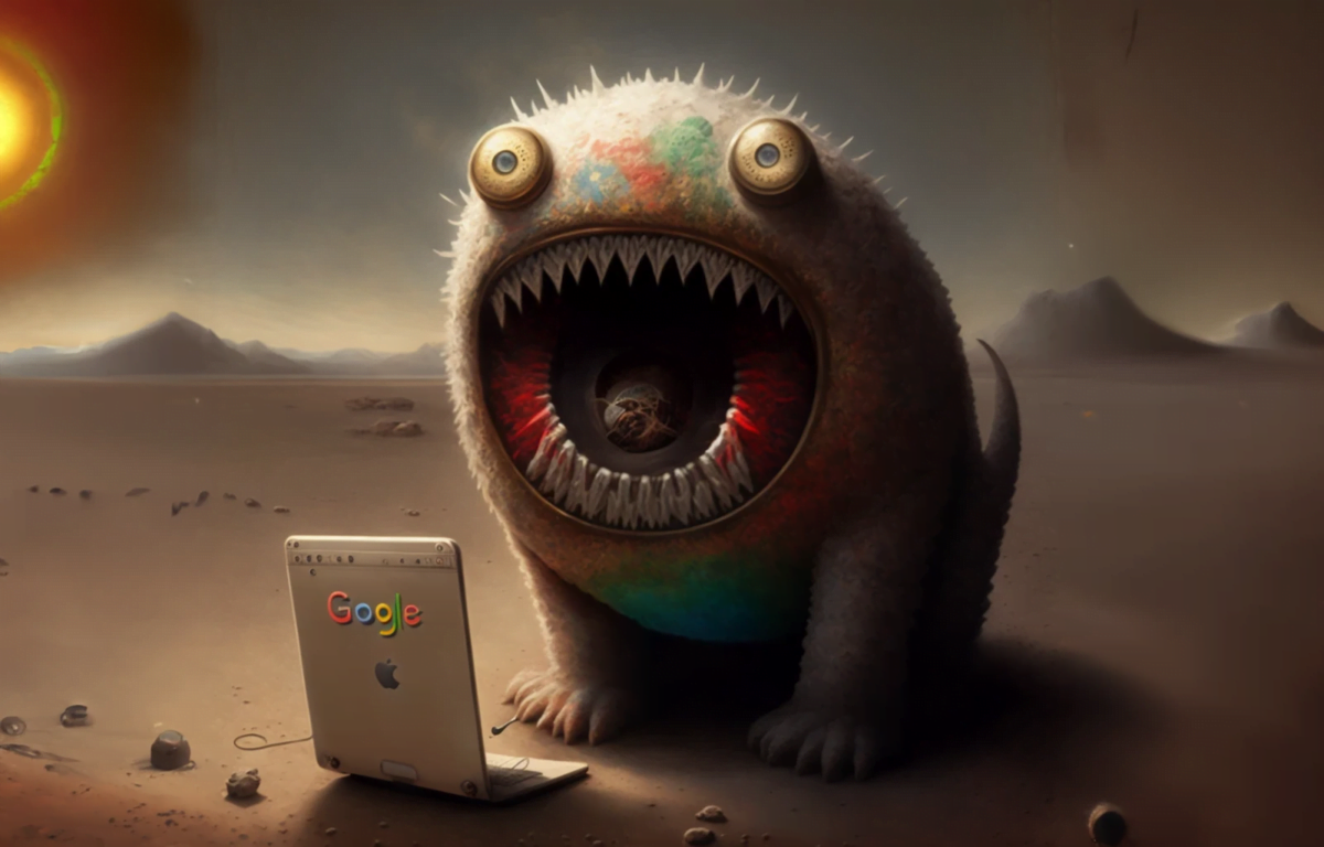 A cartoon monster sits in front of an Apple notebook, which also has Google's lettering on the back. It looks as if the monster is about to swallow the notebook. It has a huge mouth with many sharp teeth.