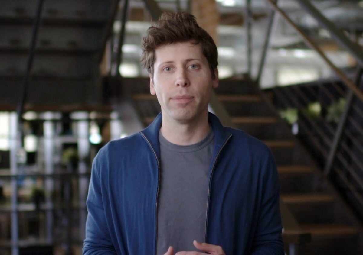 A portrait painting of Sam Altman, a young man with brown wispy hair and slim figure.