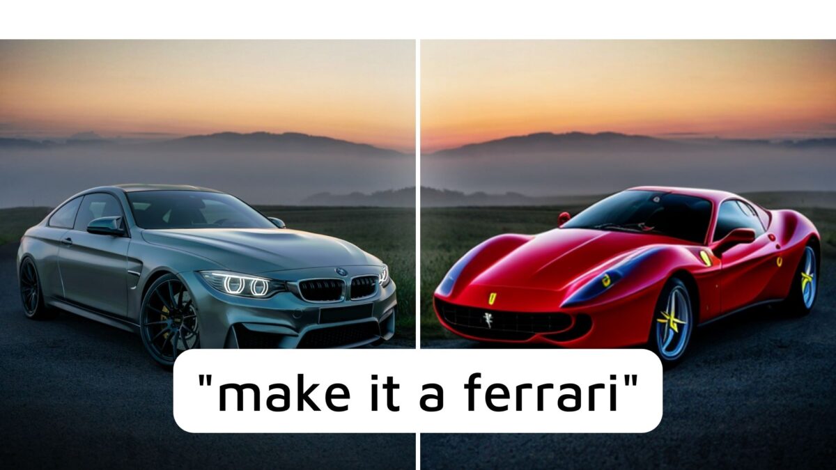 Left side is a BMW, which is turned in a Ferrari on the right side with the prompt "make it a Ferrari".