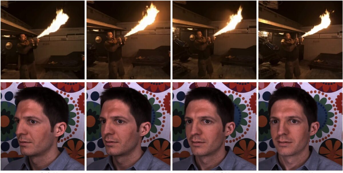 Frame-by-frame scenes from Vides in two rows. The top row shows a man with a flamethrower, the bottom a man's head slowly turning towards the camera. The series of images is intended to show how a video can be viewed from different perspectives thanks to Hyer Reel.