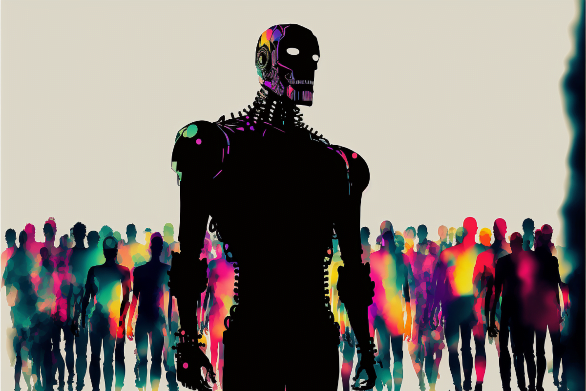 A robot stands in front of a group of people, drawing style, from Midjourney.