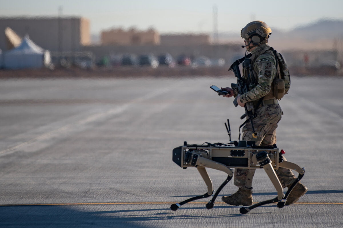 A soldier walks on an asphalt path, next to him runs a robot that looks similar to a dog. It has four legs. The soldier controls the robot with a remote control that he holds in his hand in front of him.
