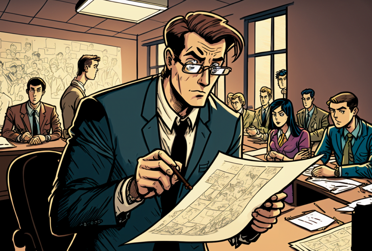 A comic of a teacher critically examining a document in the classroom. Behind him are students on their benches.