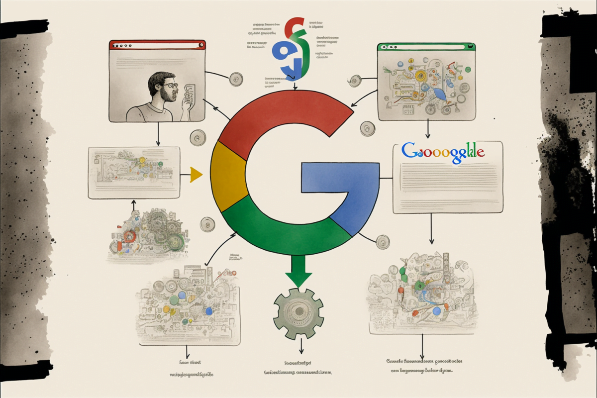 A illustration of a complicated process involving the google logo. The picture is AI generated.
