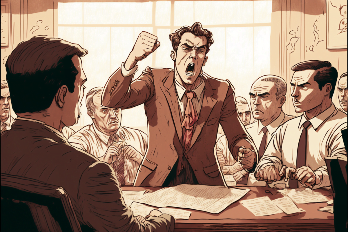 A lawyer in a court room is shouting at other men, comic style