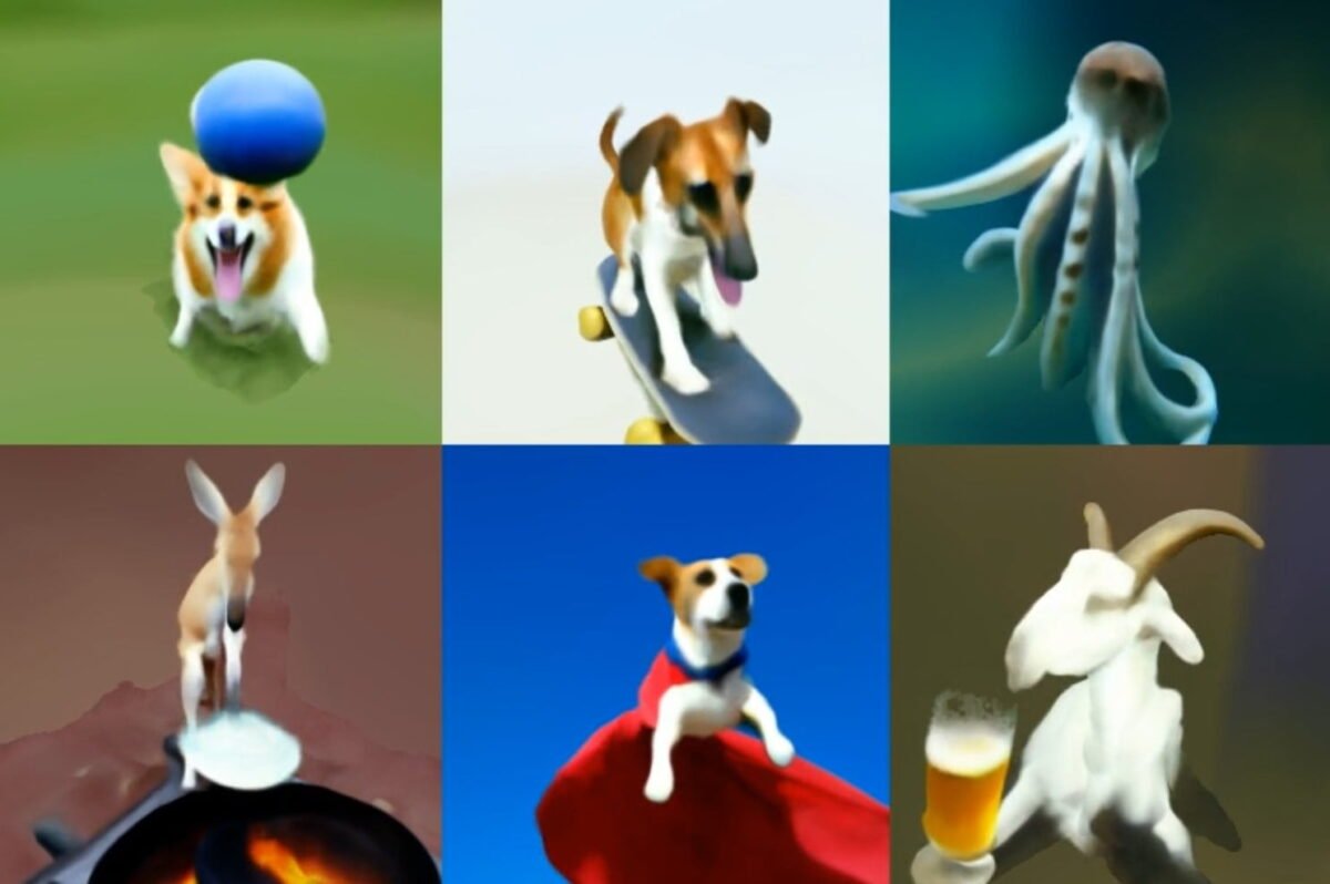 Sample scene from the 3D videos, among other things you can see a goat drinking beer and a corgi playing with a blue ball. The videos are very blurry and have few details, look like in an older video game. But you can clearly see the individual objects and animals.
