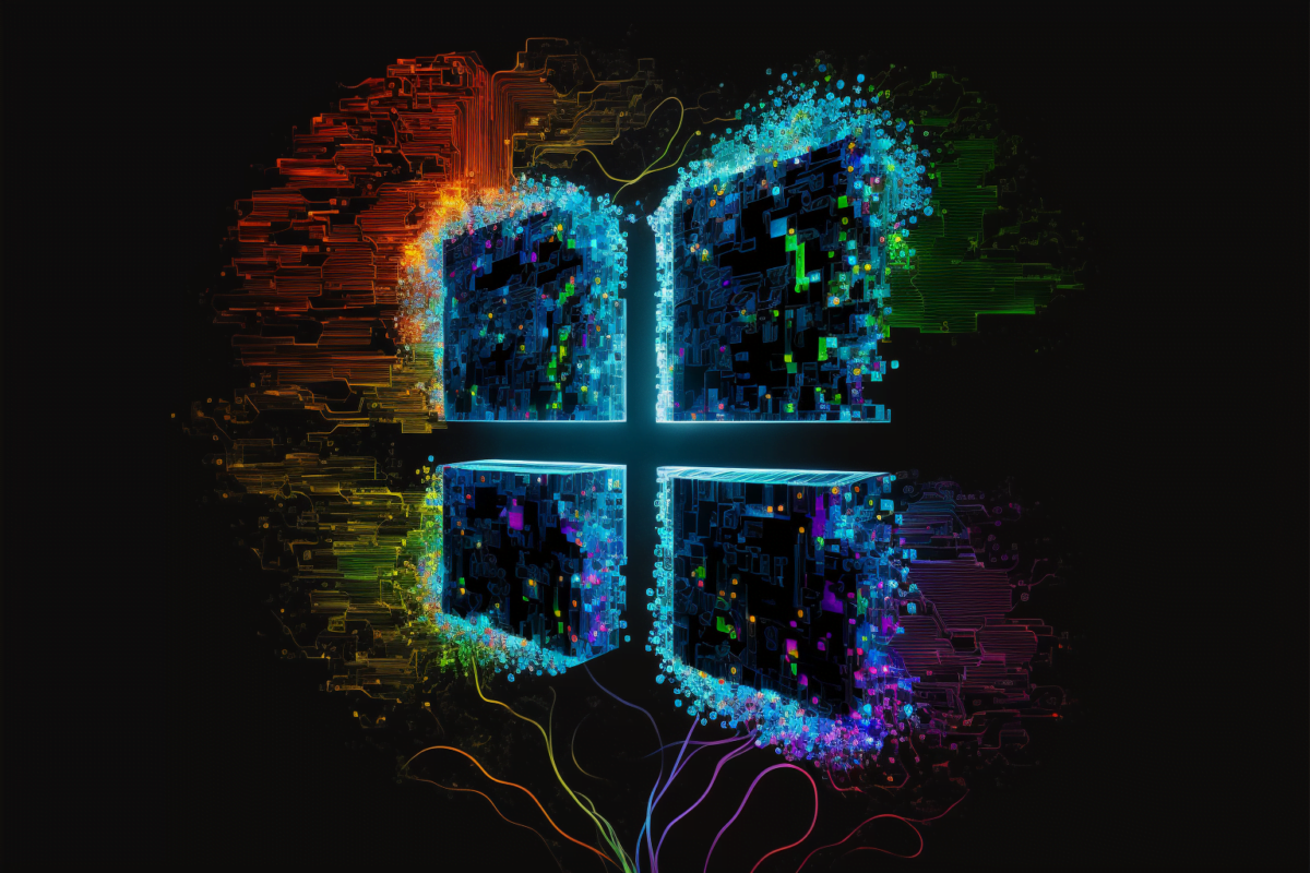 Re-interpretation of the Microsoft logo by an AI, four neon blue tiles that spark digital sparks.