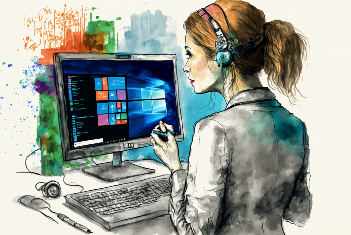 A drawing of a female doctor in front of a computer with Windows operating system.