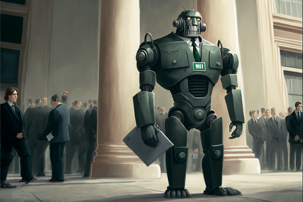 A robot in a suit standing before a hall looking like the congress. There are many men in the background wearing grey and black suits. The robot is holding a closed labtop in his hand.