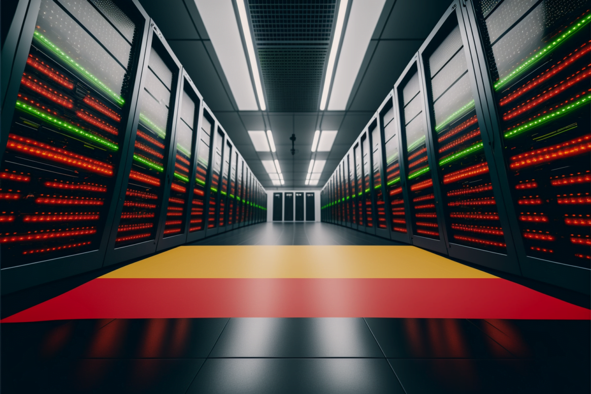 A conceptual graphic of a server room in a high-performance data center for AI. There is a German flag on the floor to illustrate that it is located in Germany.