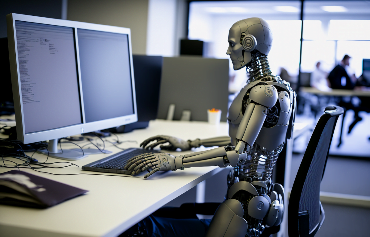 A robot sitting at a desk in an editorial office.