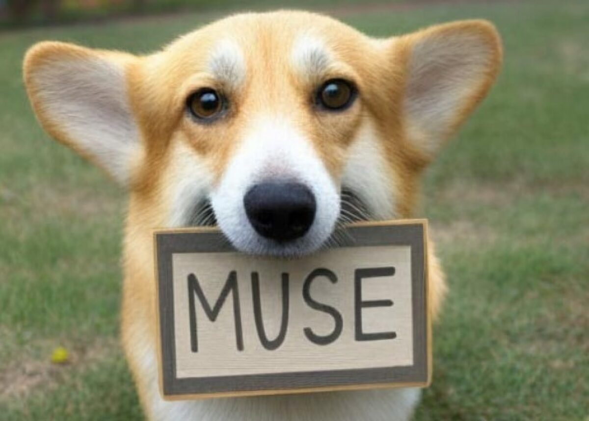 A corgi with a sign in its mouth that says "Muse". The image is AI generated. It looks realistic like a photo.