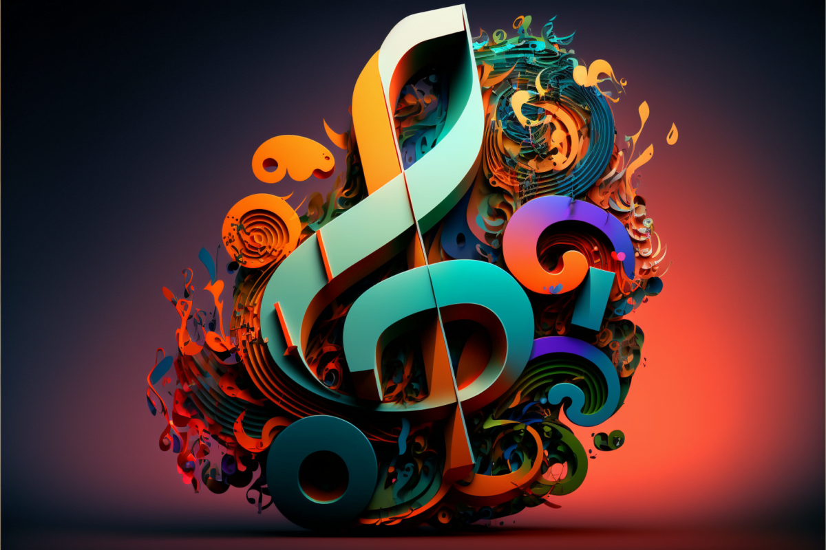 A clef surrounded by notes and letters, abstract 2D visualization