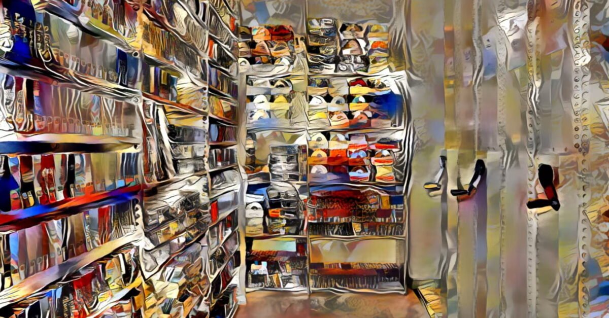An AI illustration of data in the National Library of Sweden, the image shows somewhat blurred and blurred many documents on shelves.