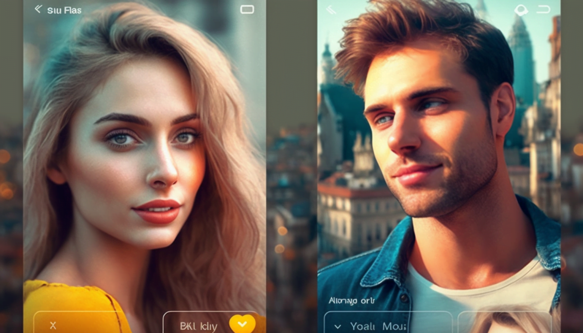 Profile pictures of a young man and woman on a dating platform, AI generated image from Midjourney.