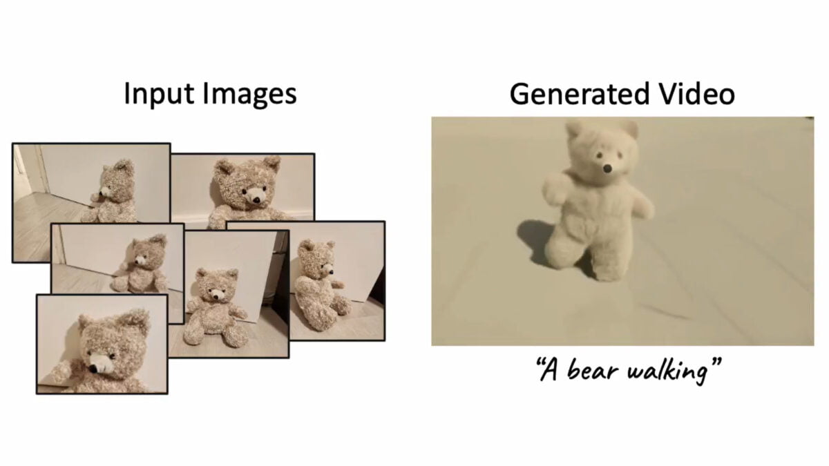 Some photos of a stuffed bear on the left and an AI-generated image of the same stuffed bear walking on the right.