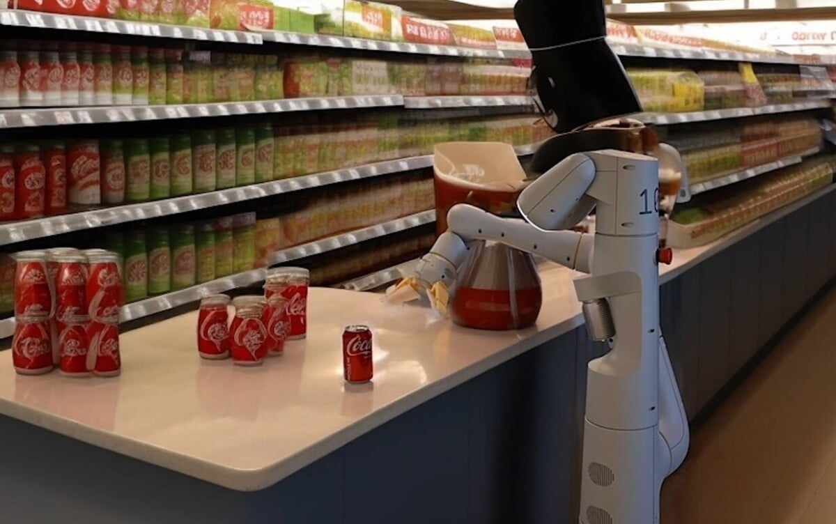 A robot stands in a supermarket and sorts shopping items on a table.
