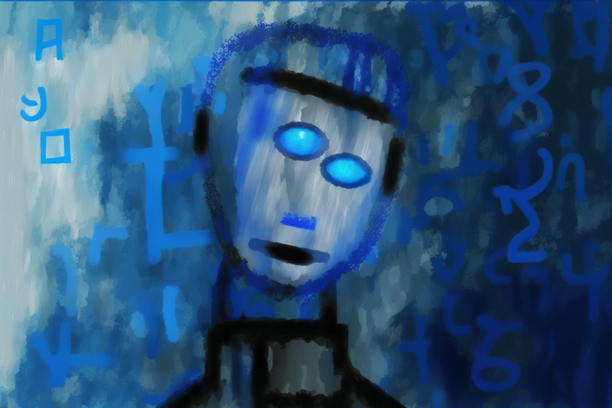 A robot-like figure glows in blue through letters hundurch.