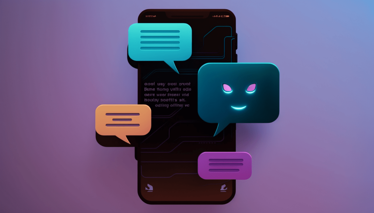 A smartphone with chatbot bubbles, one chatbot bubble showing an evil face.