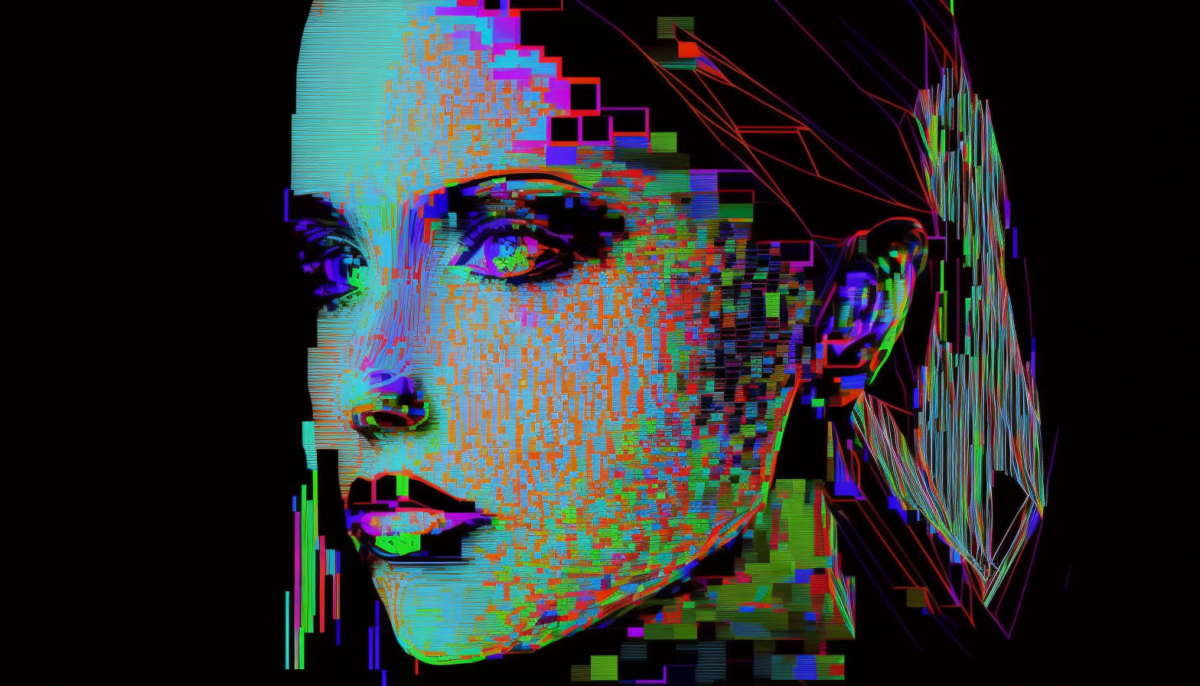 a beautiful glitchy face of a women, ASCII art, glitch art, colorful, chatbot, AI art, midjourney art
