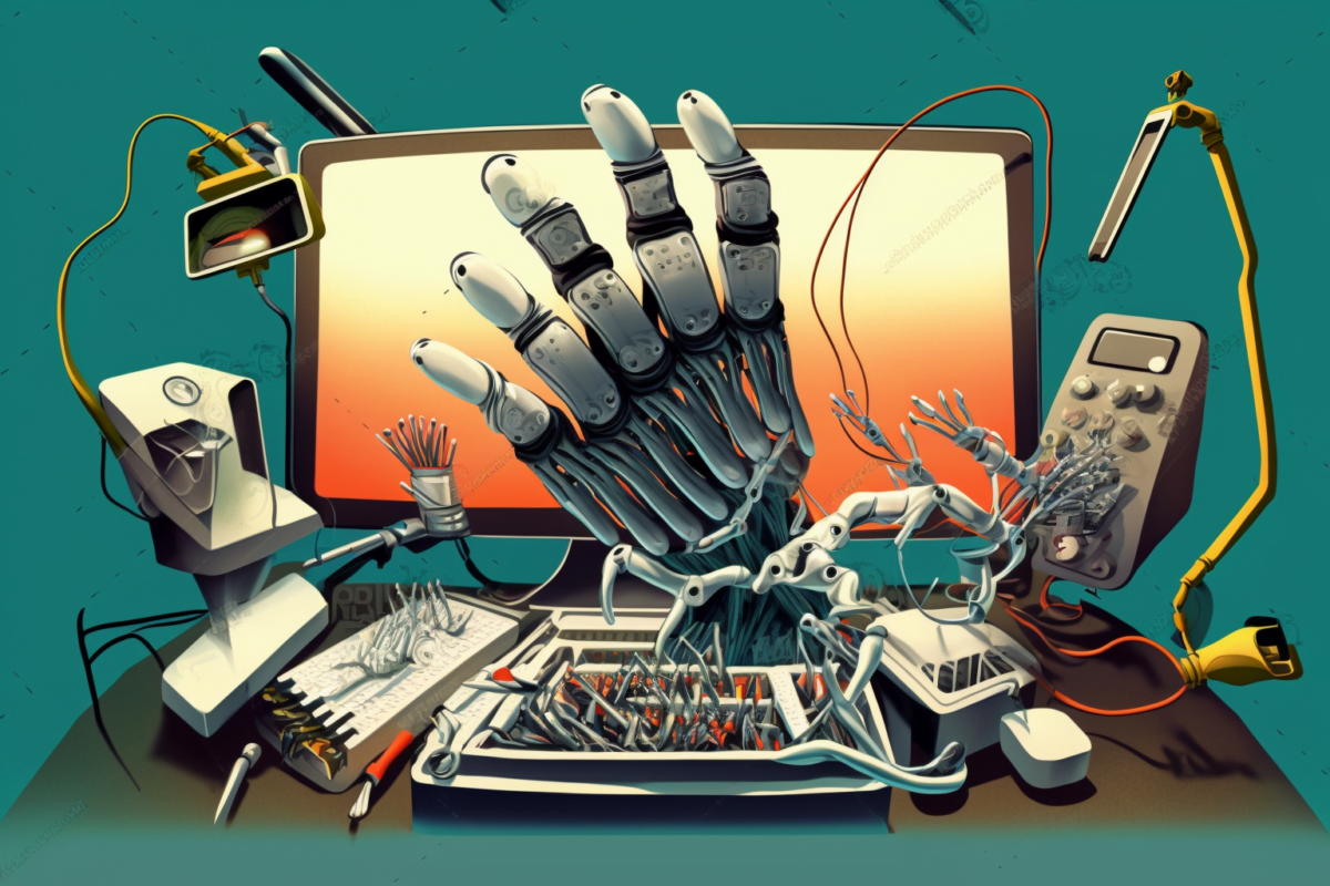 Robot hands holding various tools popping out of a computer monitor on a desk, illustration, AI art
