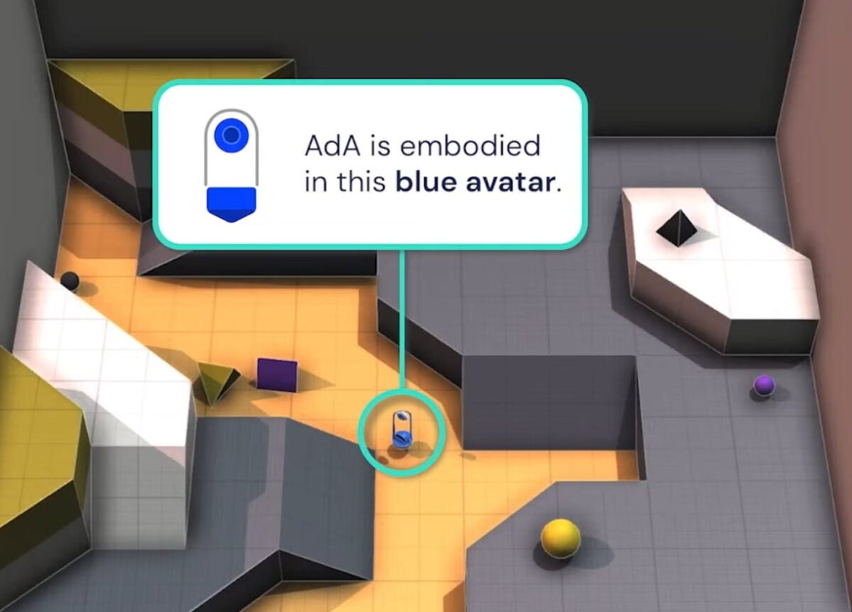 A scerenshot of a computer generatedN environment, in the center is a blue dot, the AI agent Ada.