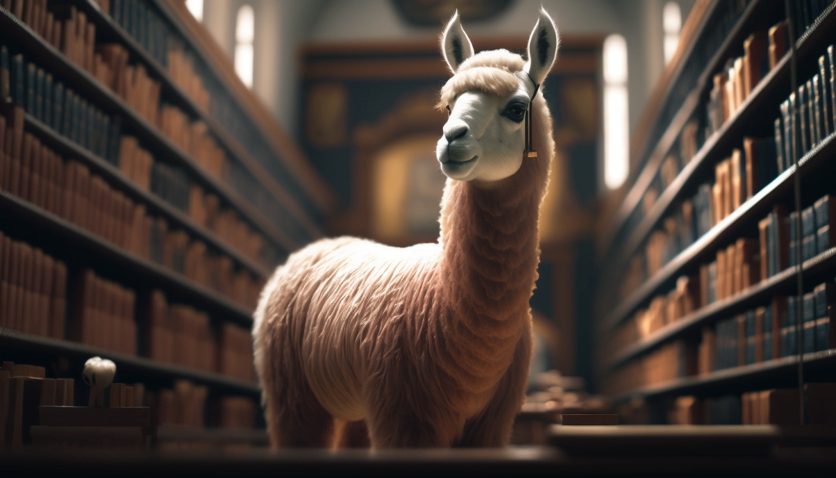A small brown Llama in a huge library with thousands of books, AI art, generated by Midjourney